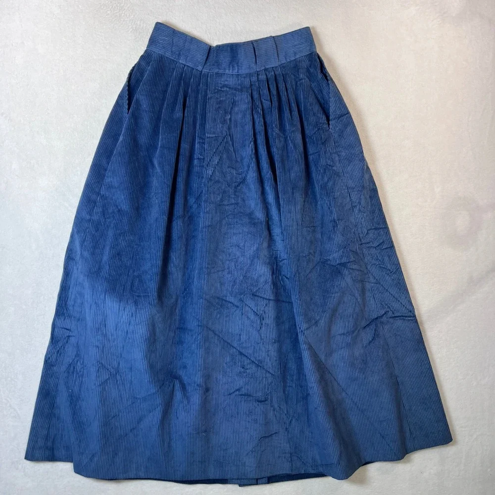 Woolrich Vintage Blue Corduroy Button Front Midi Skirt Pockets Made in USA Size8